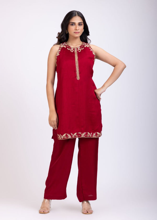 Maroon Raw Silk Short Kurta and Straight Pant Set Hand Embroidered Work - Anvi Couture