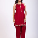 Maroon Raw Silk Short Kurta and Straight Pant Set Hand Embroidered Work Front