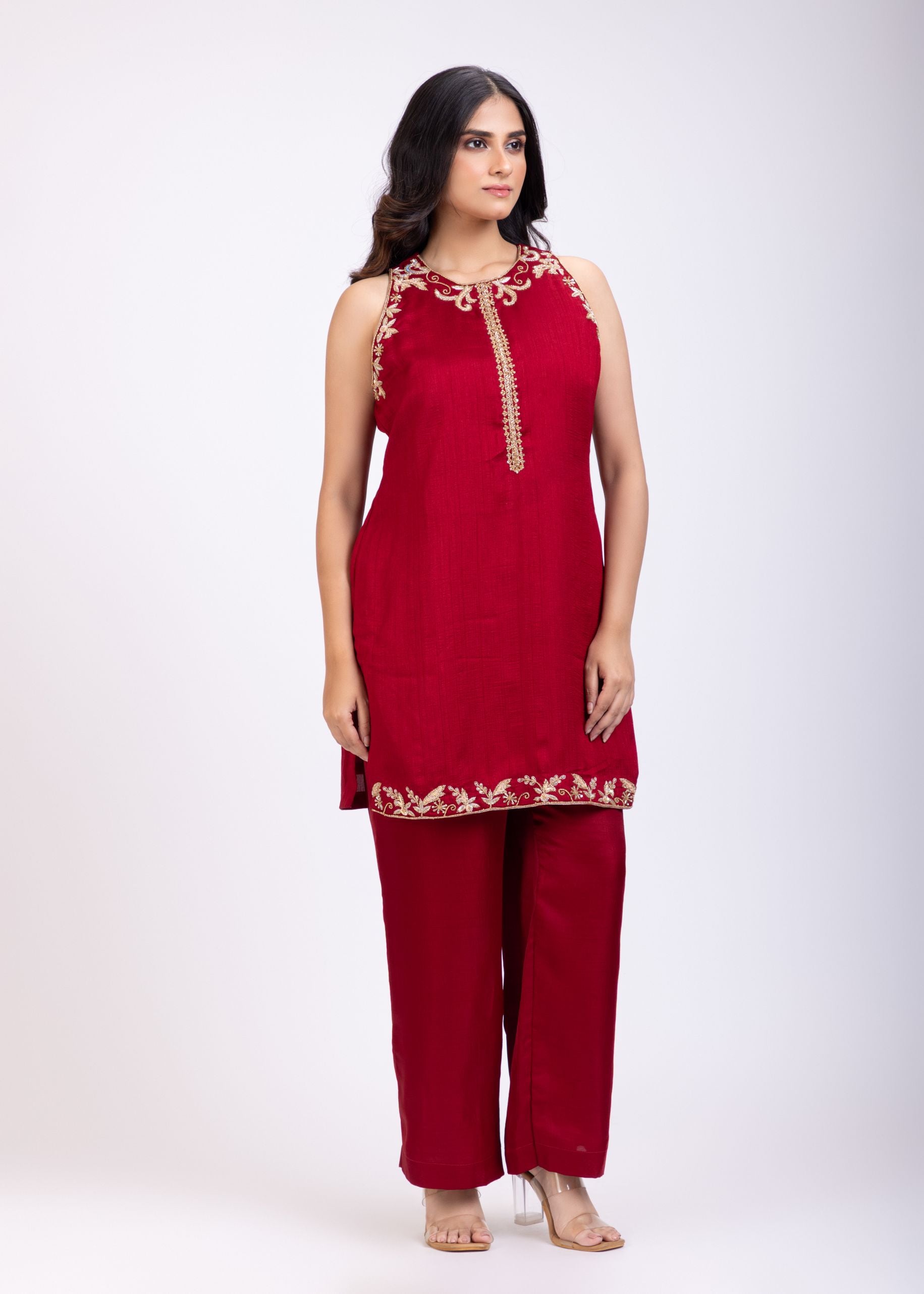 Maroon Raw Silk Short Kurta and Straight Pant Set Hand Embroidered Work Front