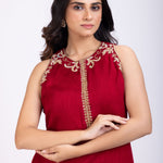Maroon Raw Silk Short Kurta and Straight Pant Set Hand Embroidered Work Close Up