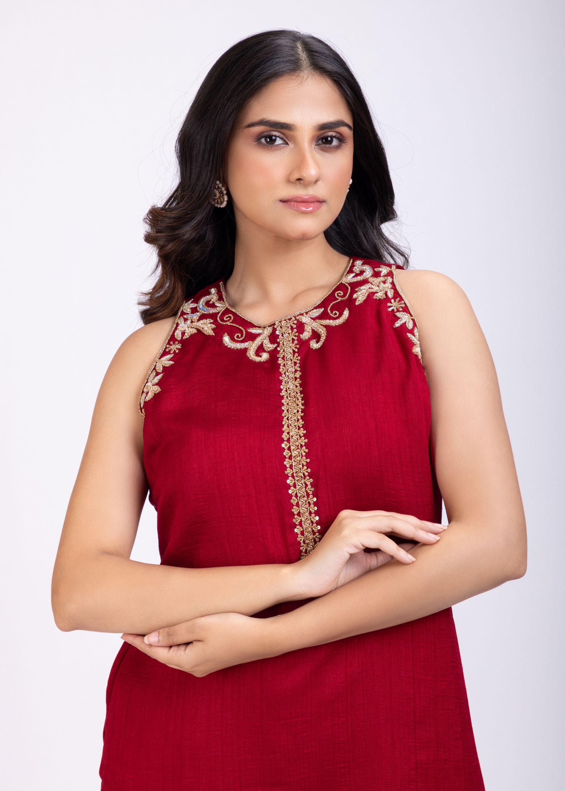 Maroon Raw Silk Short Kurta and Straight Pant Set Hand Embroidered Work Close Up