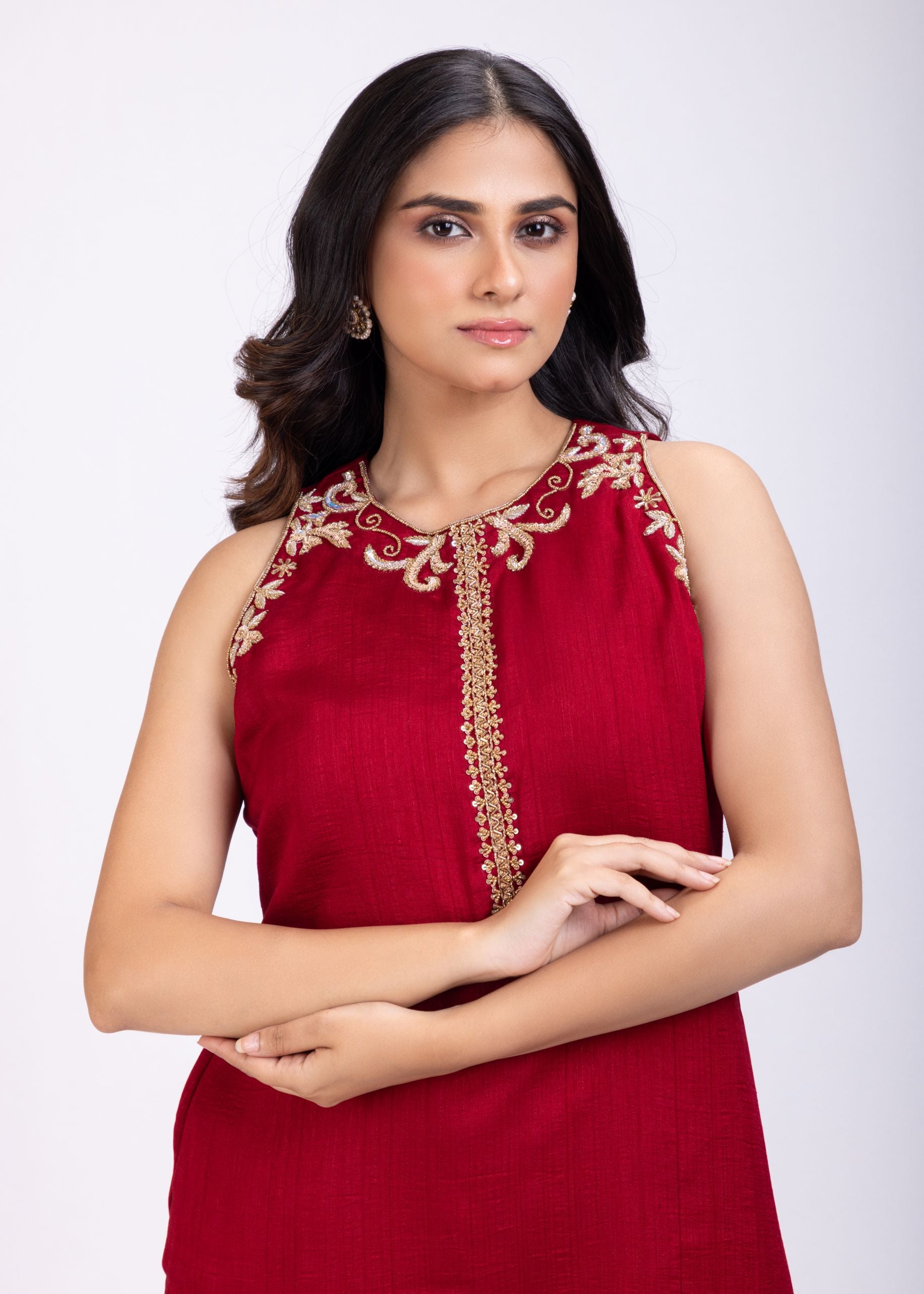 Maroon Raw Silk Short Kurta and Straight Pant Set Hand Embroidered Work Close Up