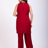 Maroon Raw Silk Short Kurta and Straight Pant Set Hand Embroidered Work Back