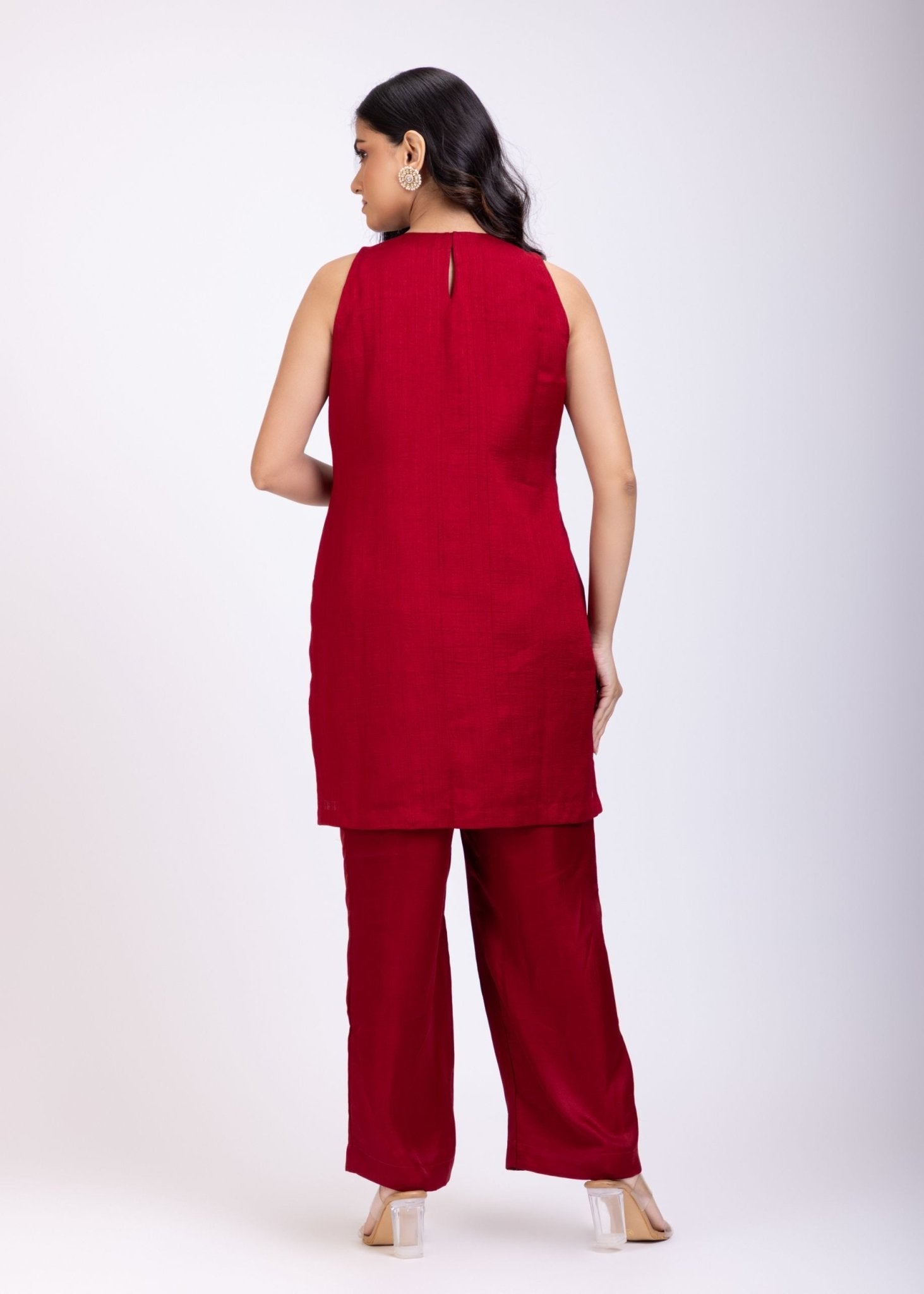 Maroon Raw Silk Short Kurta and Straight Pant Set Hand Embroidered Work - Anvi Couture