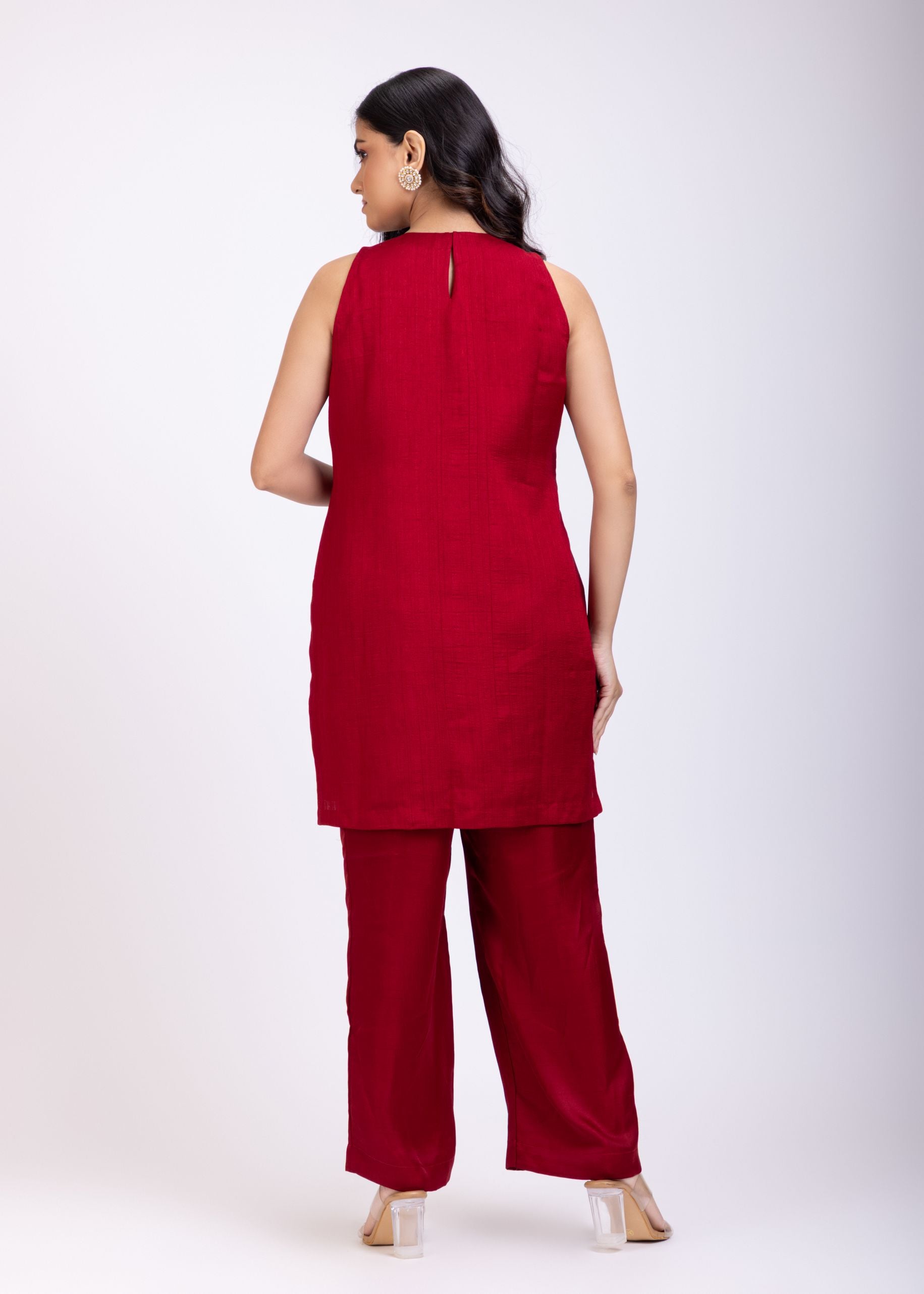 Maroon Raw Silk Short Kurta and Straight Pant Set Hand Embroidered Work Back