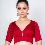 Maroon Satin Silk V Neck Blouse with Elbow Sleeves - Anvi Couture