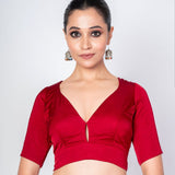 Maroon Satin Silk V Neck Blouse with Elbow Sleeves - Anvi Couture