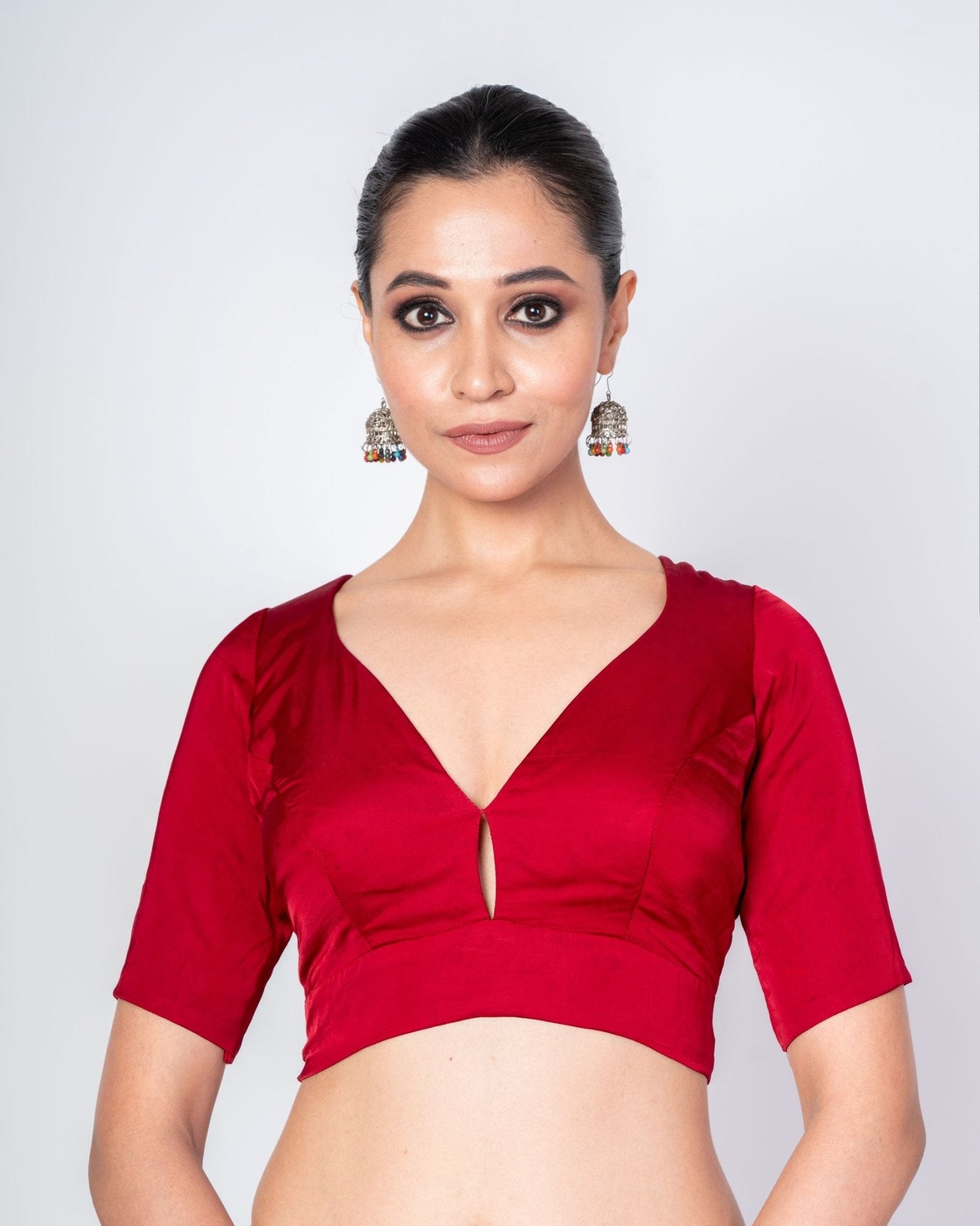 Maroon Satin Silk V Neck Blouse with Elbow Sleeves - Anvi Couture