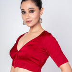 Maroon Satin Silk V Neck Blouse with Elbow Sleeves - Anvi Couture