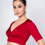 Maroon Satin Silk V Neck Blouse with Elbow Sleeves - Anvi Couture