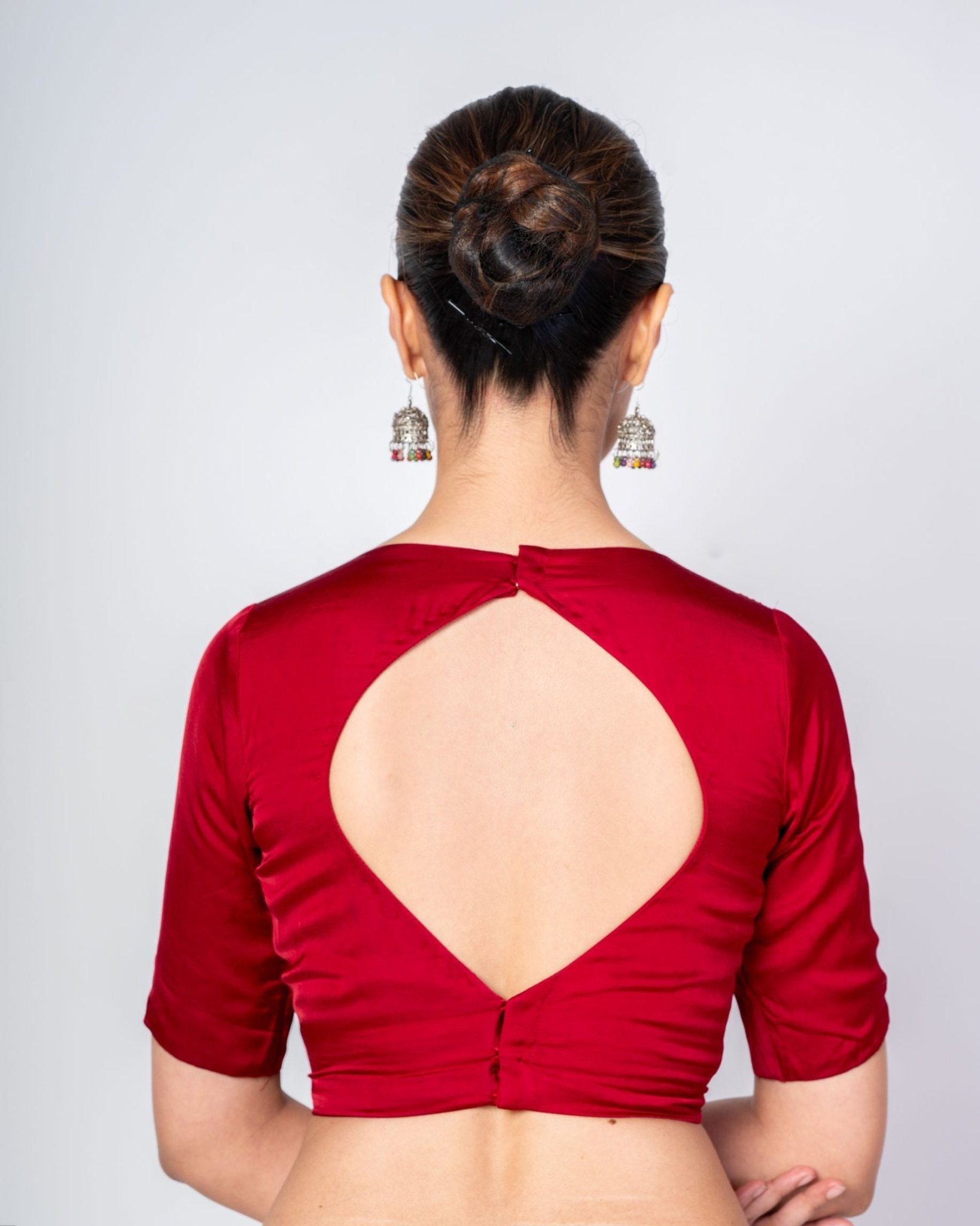 Maroon Satin Silk V Neck Blouse with Elbow Sleeves - Anvi Couture