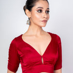 Maroon Satin Silk V Neck Blouse with Elbow Sleeves - Anvi Couture
