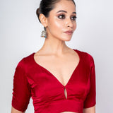 Maroon Satin Silk V Neck Blouse with Elbow Sleeves - Anvi Couture