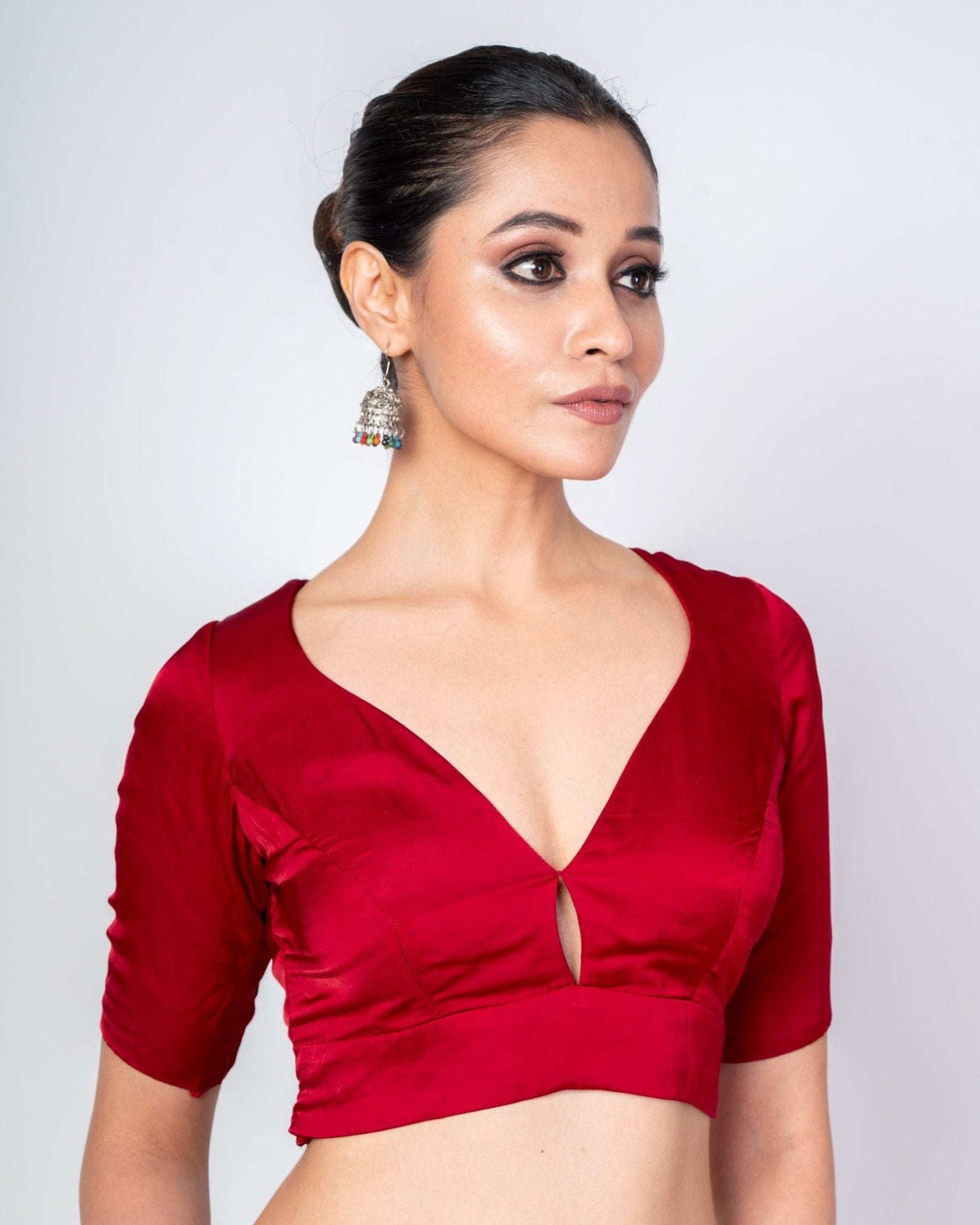 Maroon Satin Silk V Neck Blouse with Elbow Sleeves - Anvi Couture