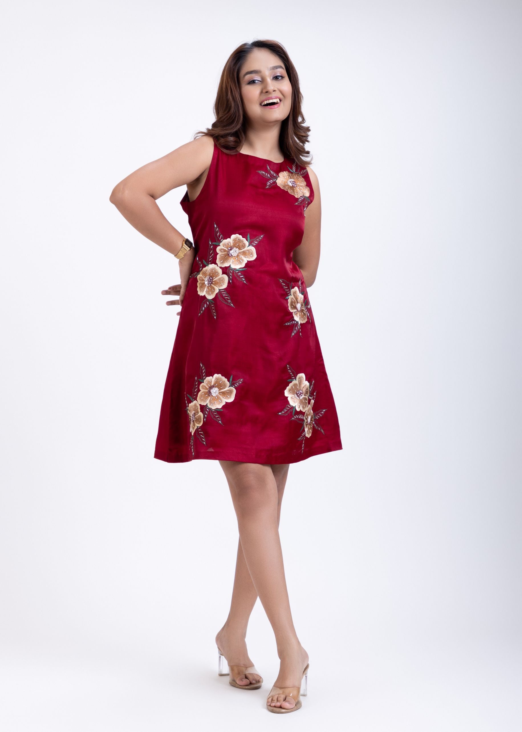 Maroon Short Dress With Embroidered Work Front
