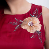 Maroon Short Dress With Embroidered Work Close Up
