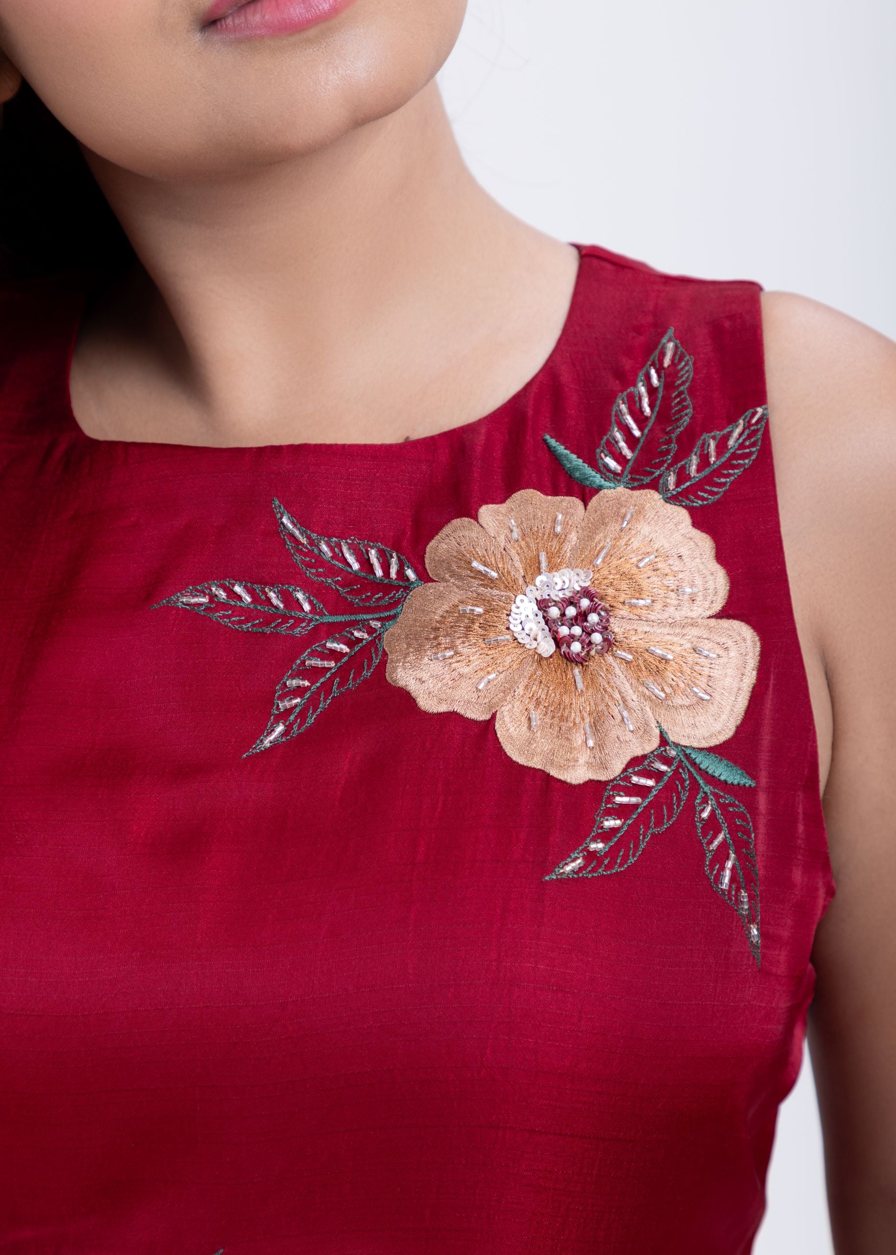 Maroon Short Dress With Embroidered Work Close Up
