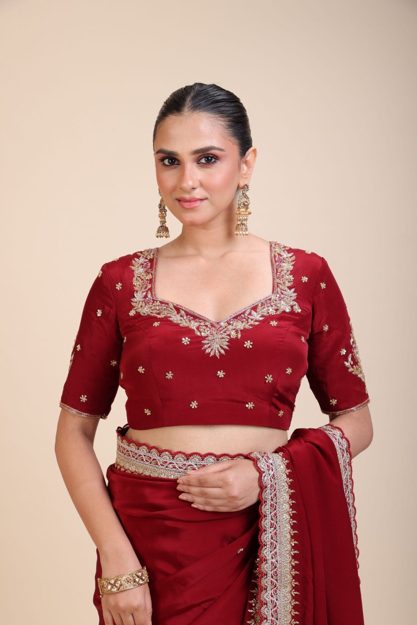 Maroon Silk Hand Embroidered Blouse - Anvi Couture
