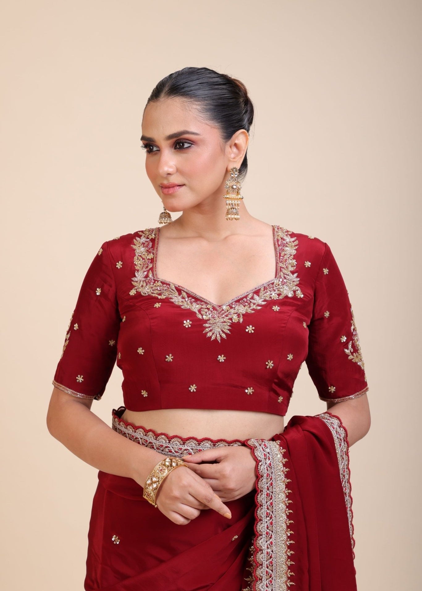 Maroon Silk Hand Embroidered Blouse - Anvi Couture