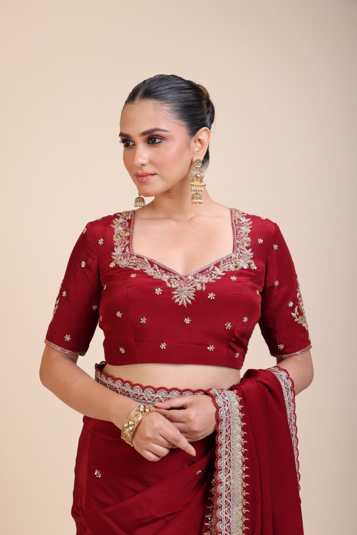 Maroon Silk Hand Embroidered Blouse - Anvi Couture