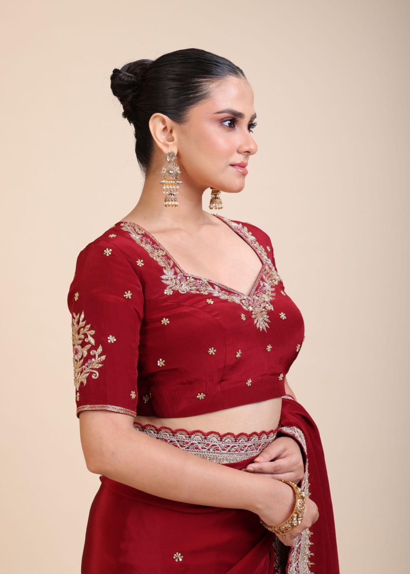 Maroon Silk Hand Embroidered Blouse - Anvi Couture
