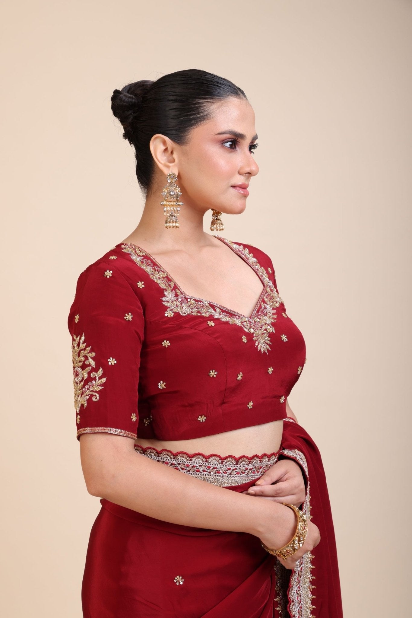 Maroon Silk Hand Embroidered Blouse - Anvi Couture