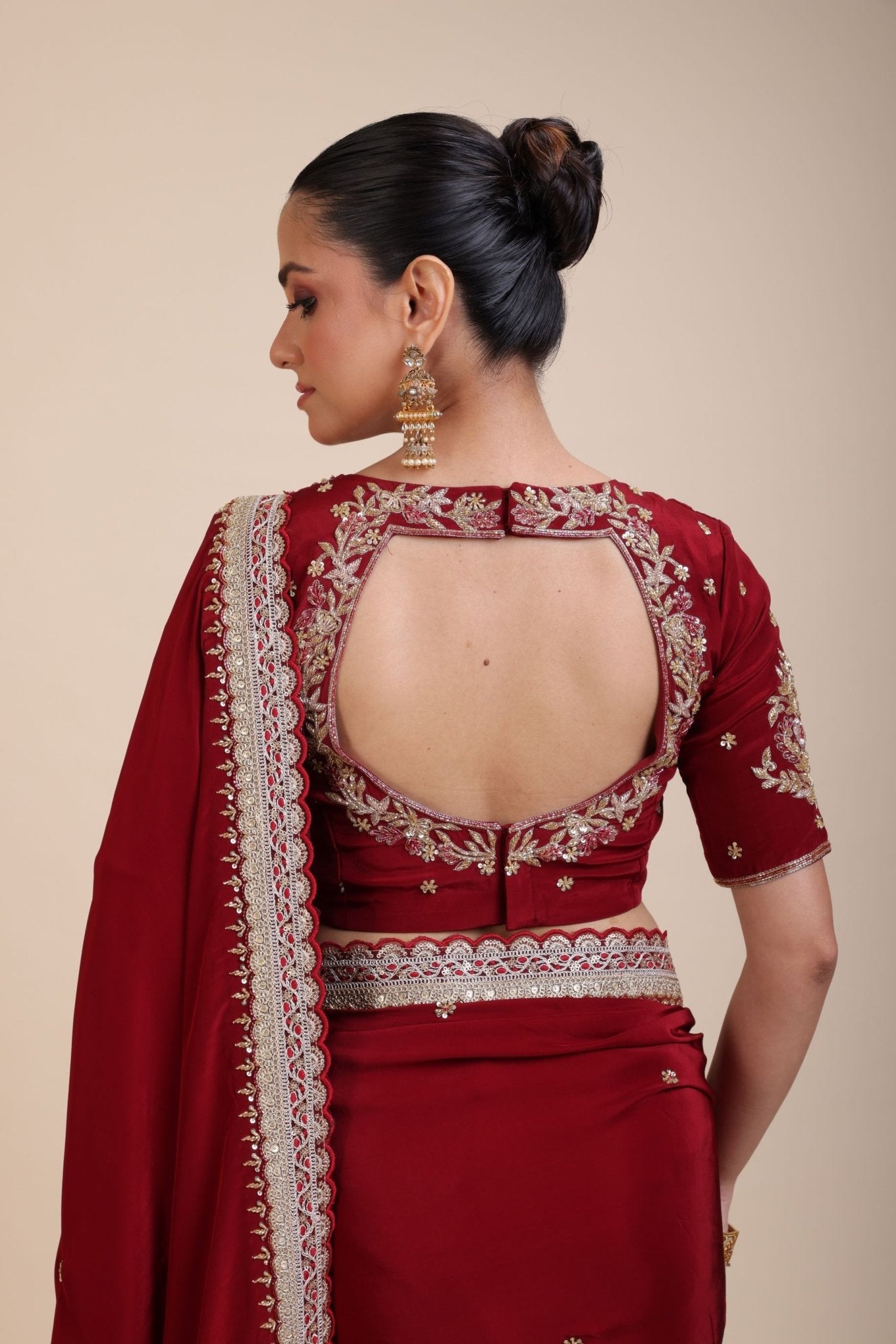 Maroon Silk Hand Embroidered Blouse - Anvi Couture