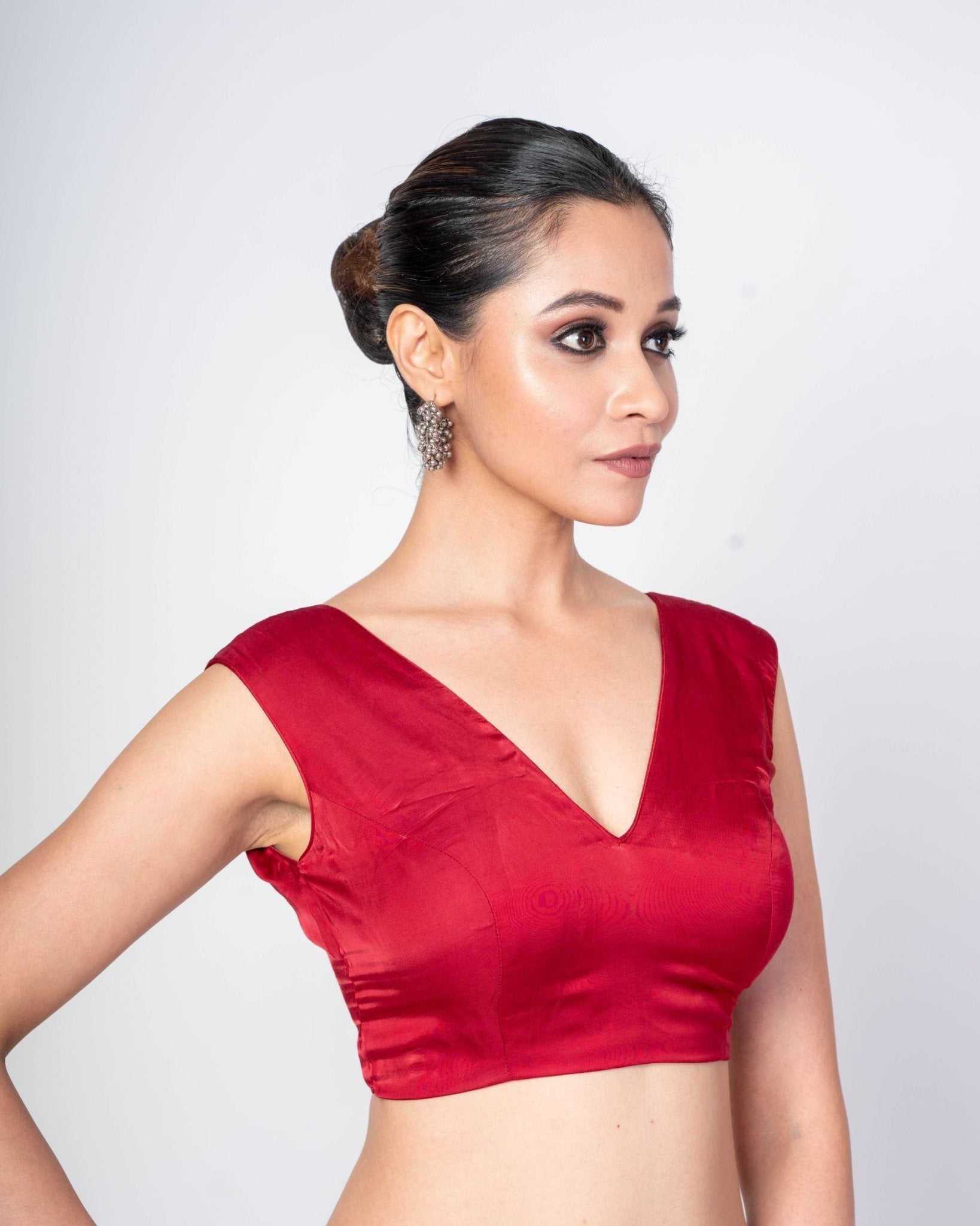 Maroon Sleeveless V - Neck Satin Silk Blouse With Deep V - Back Closure - Anvi Couture