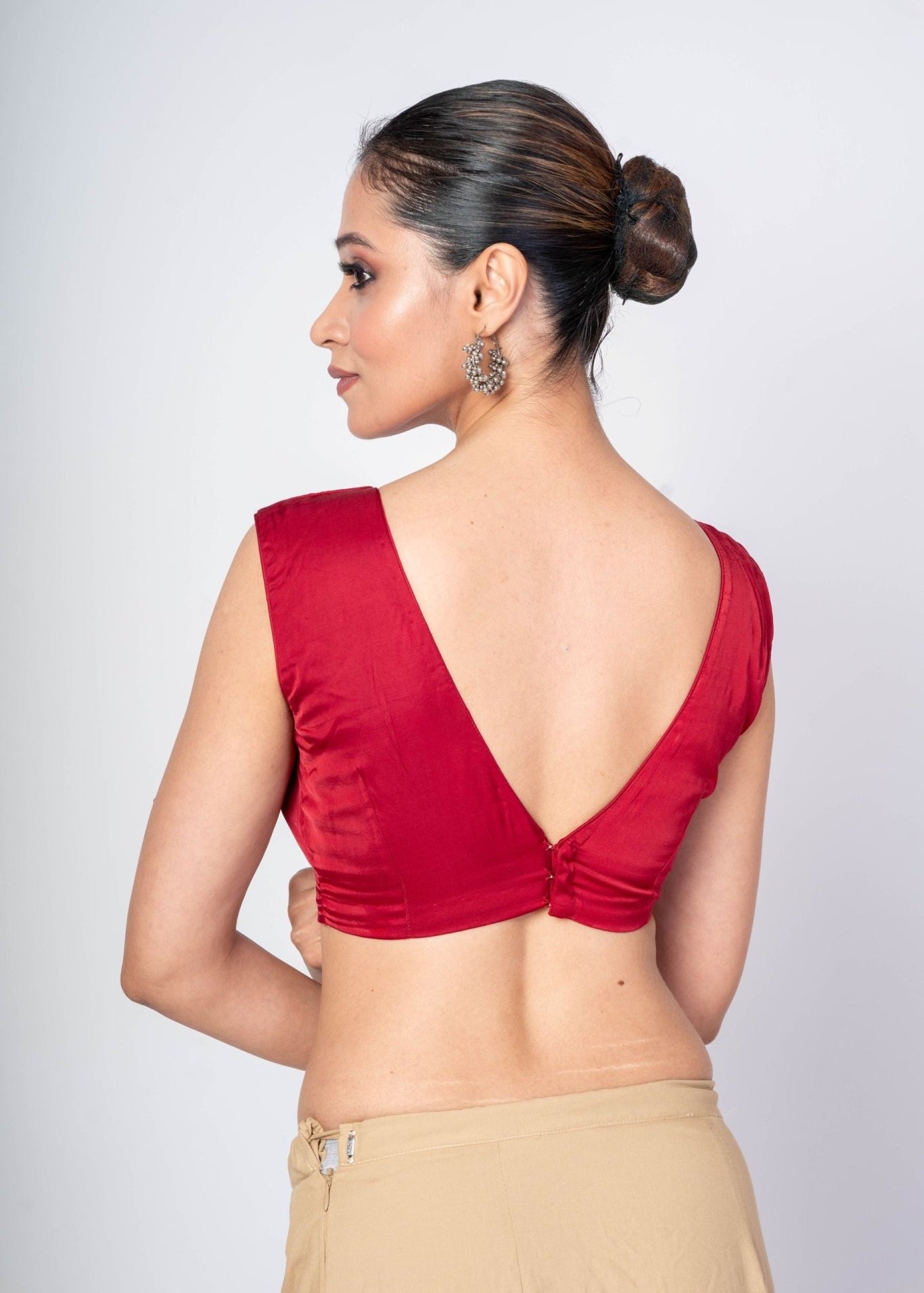 Maroon Sleeveless V - Neck Satin Silk Blouse With Deep V - Back Closure - Anvi Couture