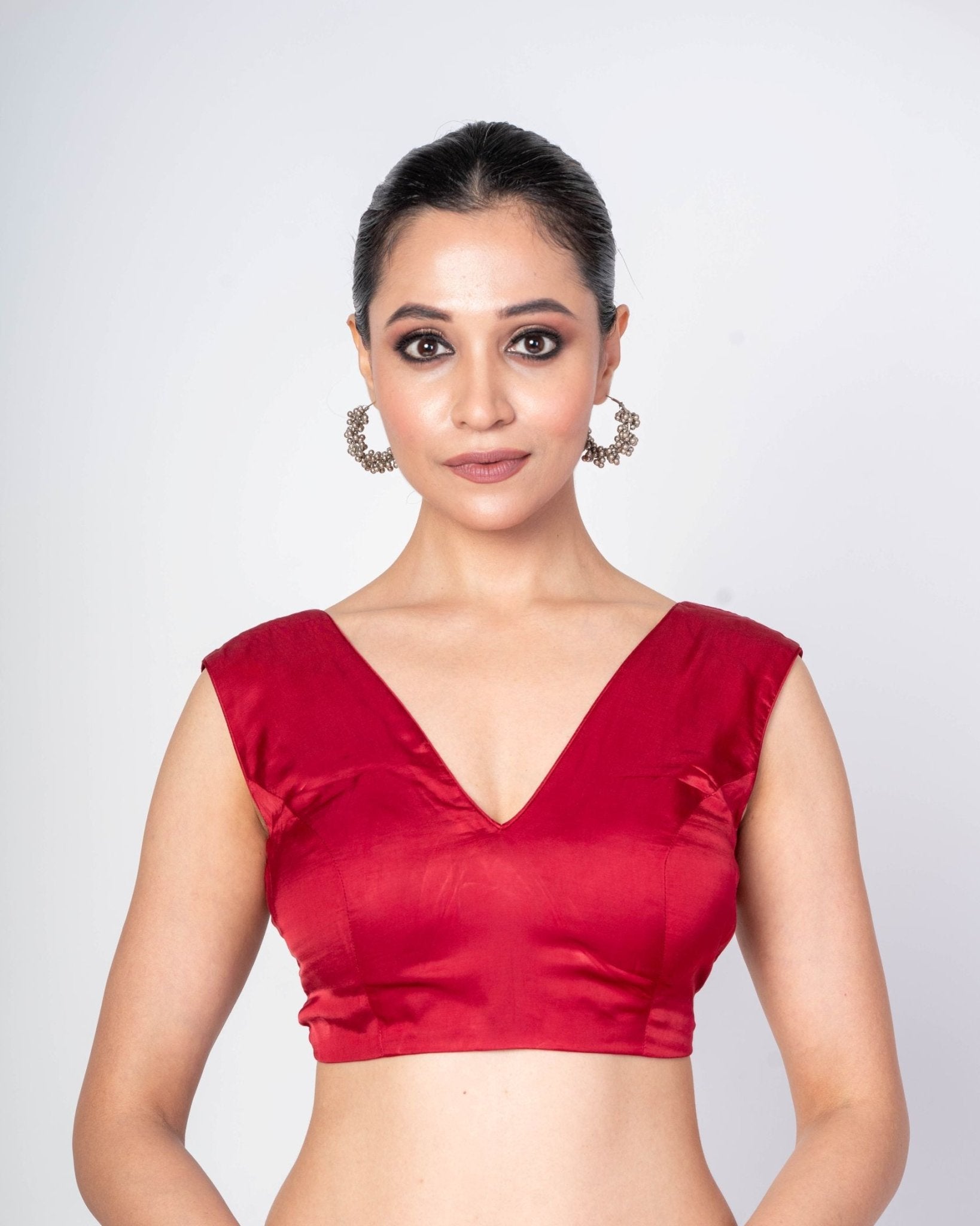 Maroon Sleeveless V - Neck Satin Silk Blouse With Deep V - Back Closure - Anvi Couture