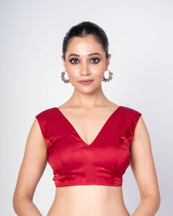 Maroon Sleeveless V - Neck Satin Silk Blouse With Deep V - Back Closure - Anvi Couture - Front 1