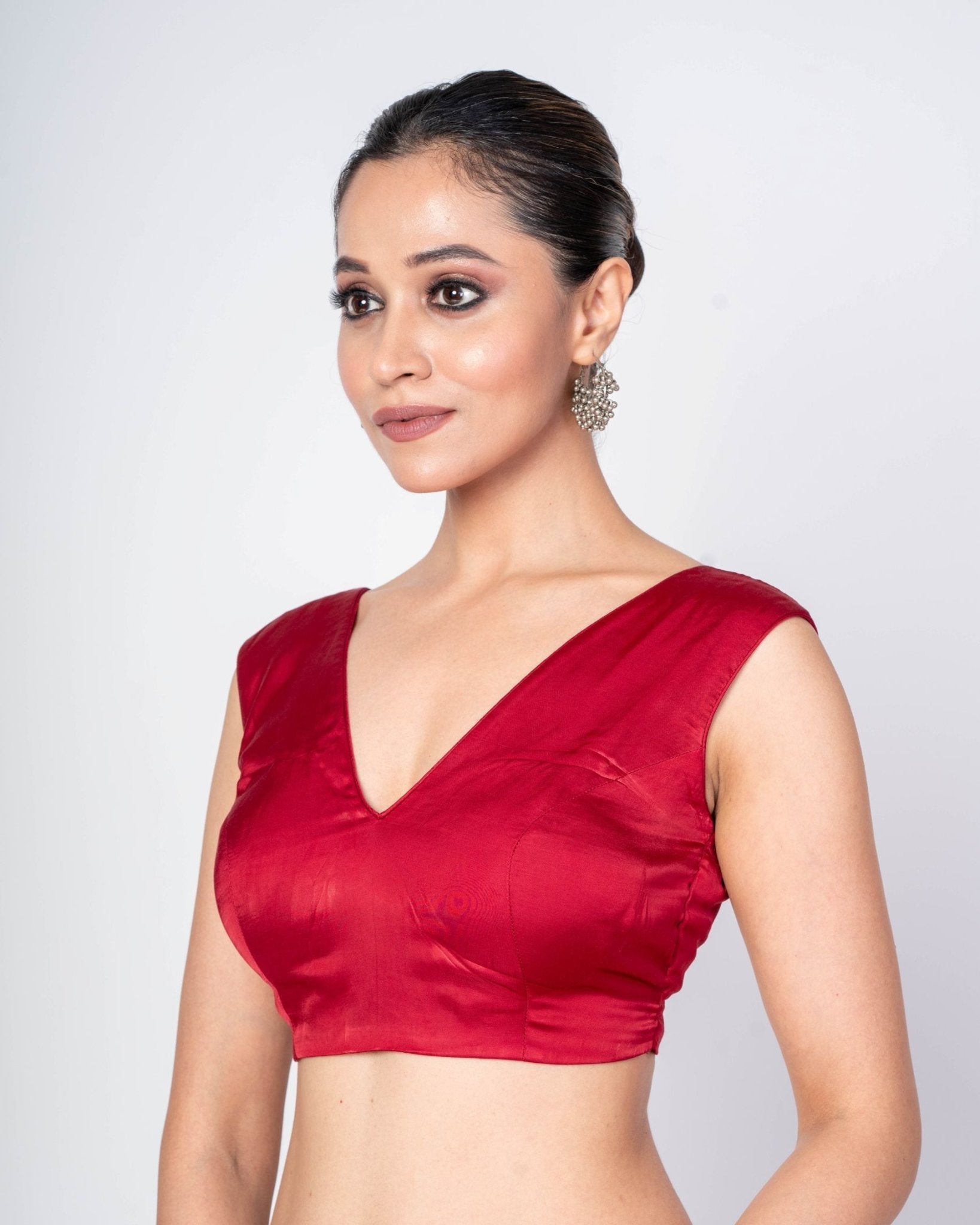 Maroon Sleeveless V - Neck Satin Silk Blouse With Deep V - Back Closure - Anvi Couture