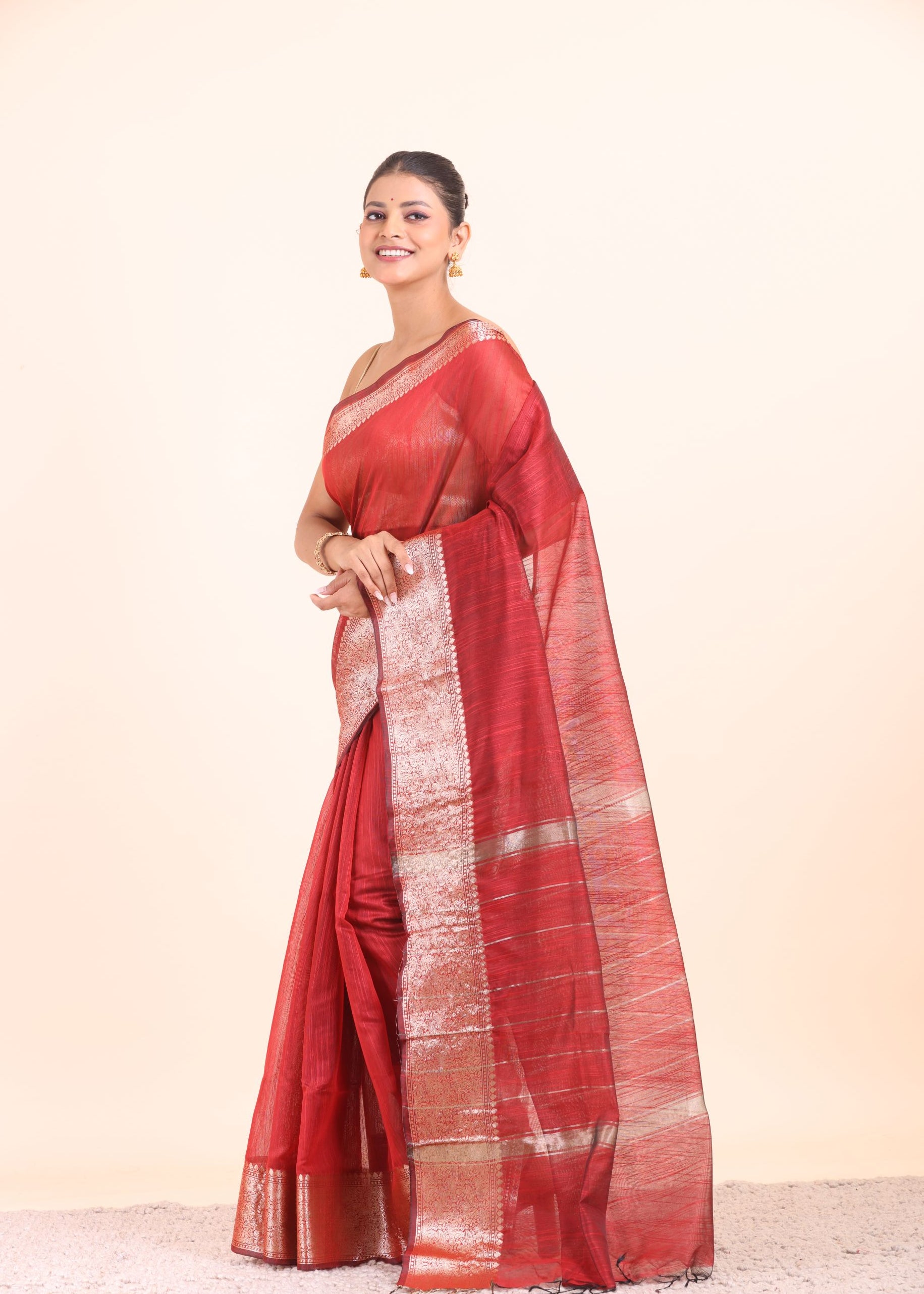 Maroon Soft Silk with Silver Border front