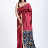 Maroon Traditional Silk Saree with Black Floral Pallu Full
