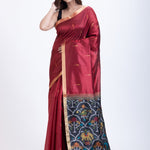 Maroon Traditional Silk Saree with Black Floral Pallu Front
