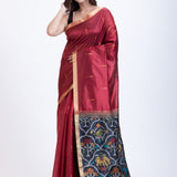Maroon Traditional Silk Saree with Black Floral Pallu Front

