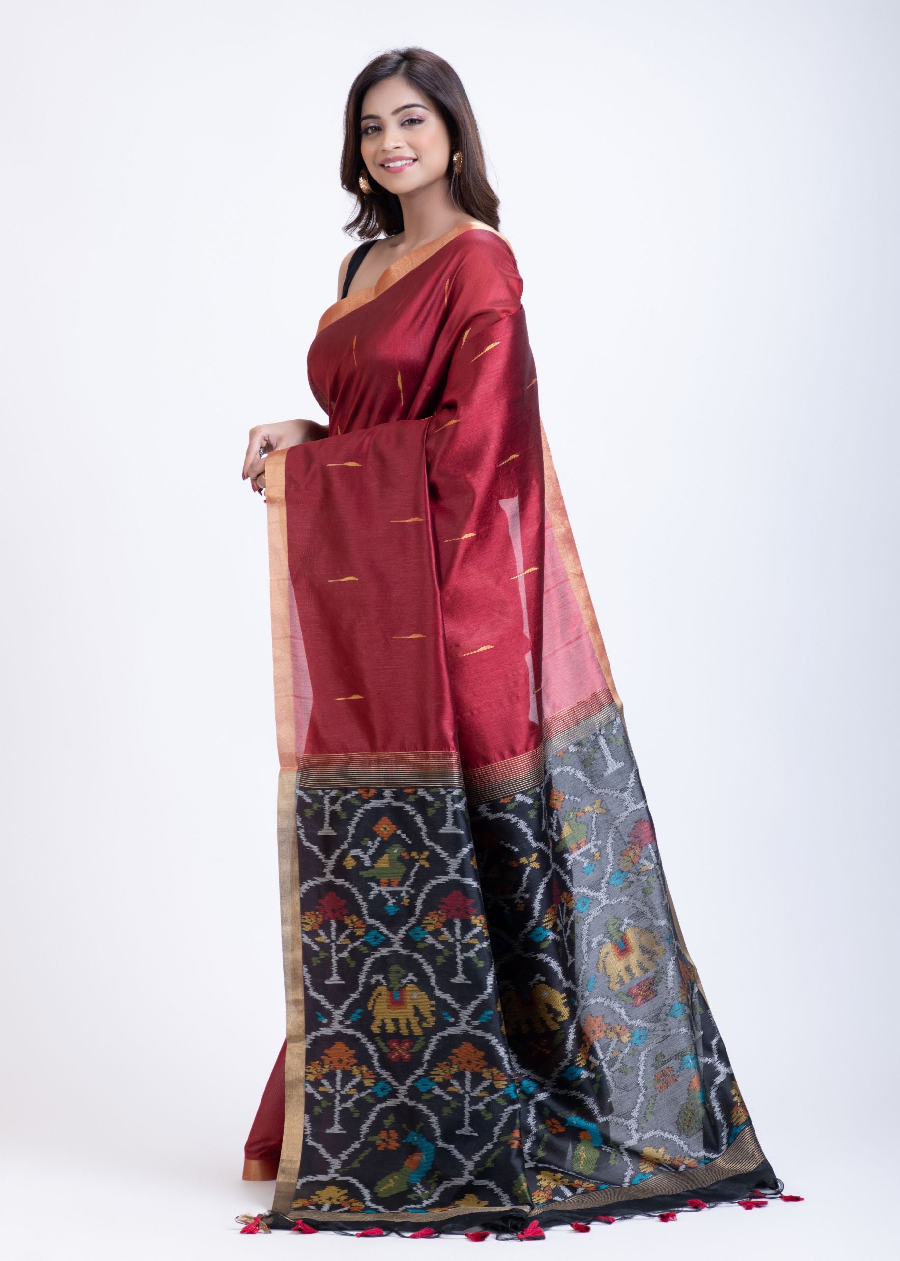 Maroon Traditional Silk Saree with Black Floral Pallu Back

