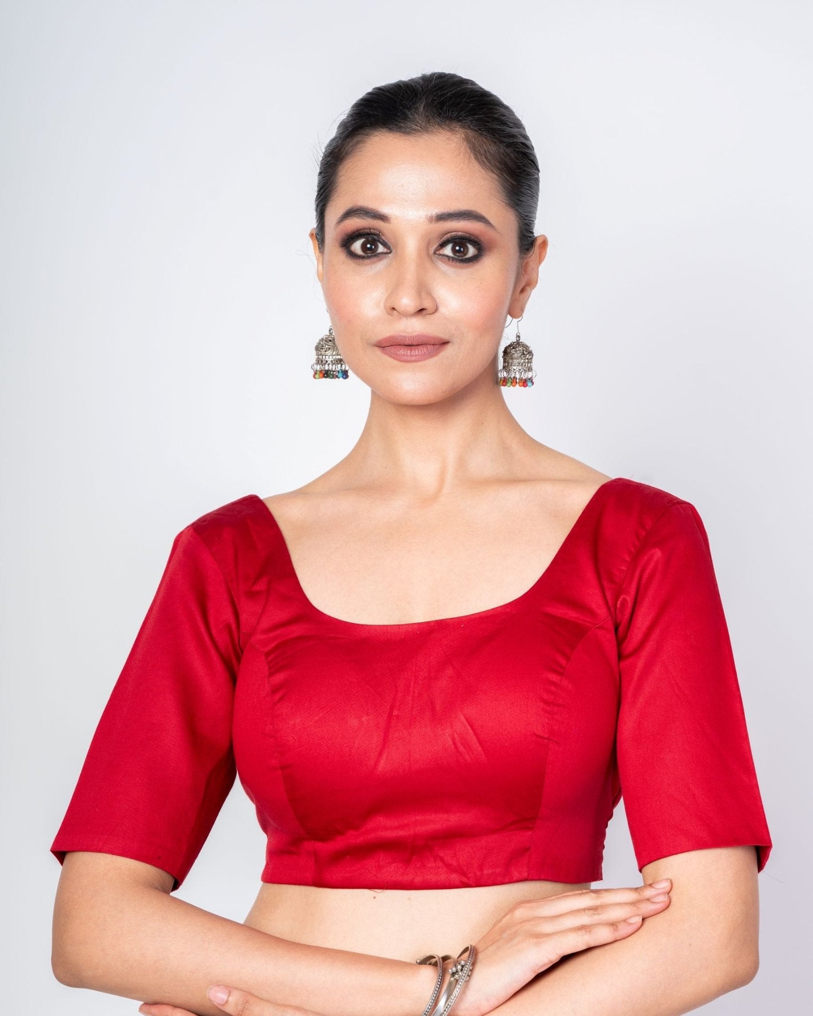 Maroon U Neckline Cotton Silk Blouse With Elbow Sleeves - Anvi Couture