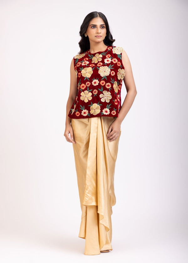 Maroon Velvet Floral Hand Embroidered Crop Top Drape Skirt Set - Anvi Couture
