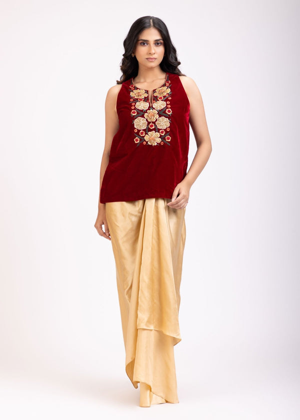 Maroon Velvet Hand Embroidered Crop Top Drape Skirt Set - Anvi Couture