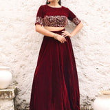 Maroon Velvet Lehenga with Hand Embroidered Top full
