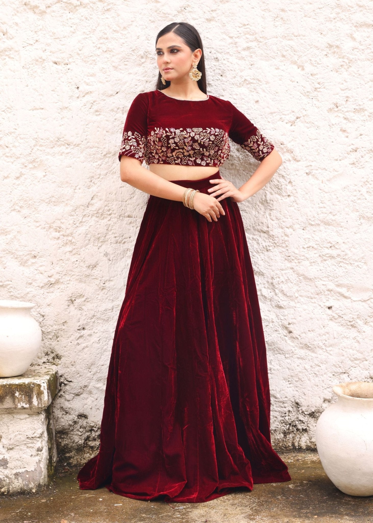 Maroon Velvet Lehenga with Hand Embroidered Top - Anvi Couture