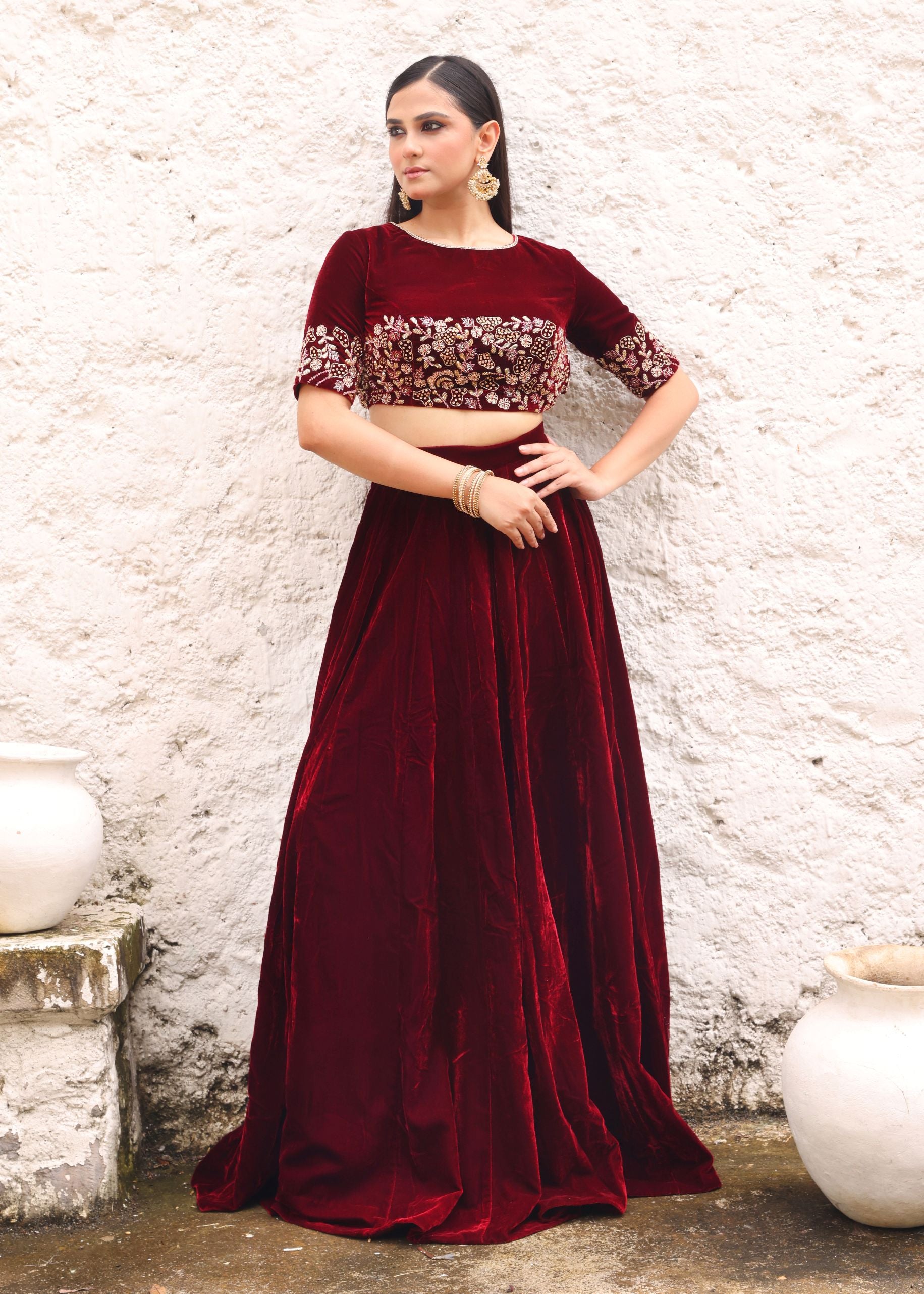 Maroon Velvet Lehenga with Hand Embroidered Top full