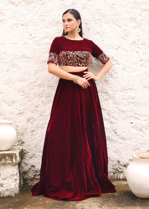 Maroon Velvet Lehenga with Hand Embroidered Top - Anvi Couture