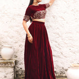 Maroon Velvet Lehenga with Hand Embroidered Top front