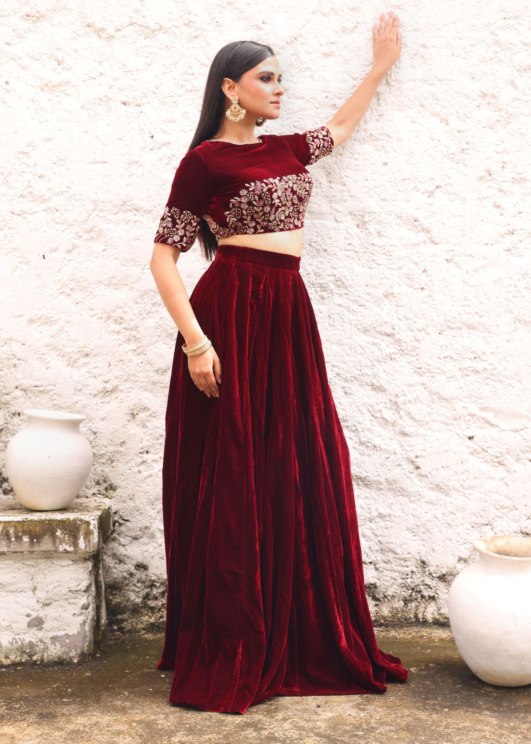 Maroon Velvet Lehenga with Hand Embroidered Top front