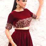 Maroon Velvet Lehenga with Hand Embroidered Top close up