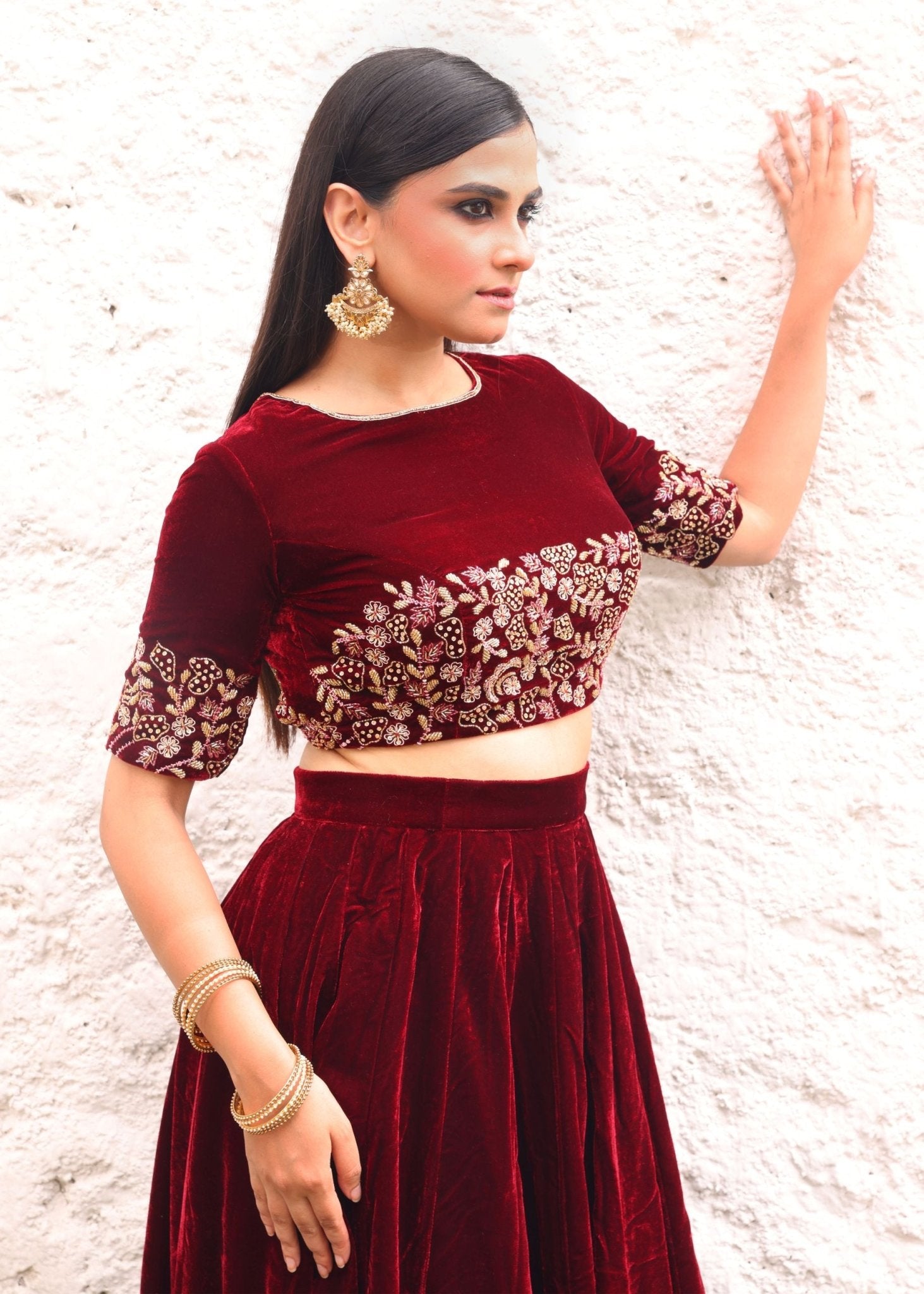 Maroon Velvet Lehenga with Hand Embroidered Top - Anvi Couture