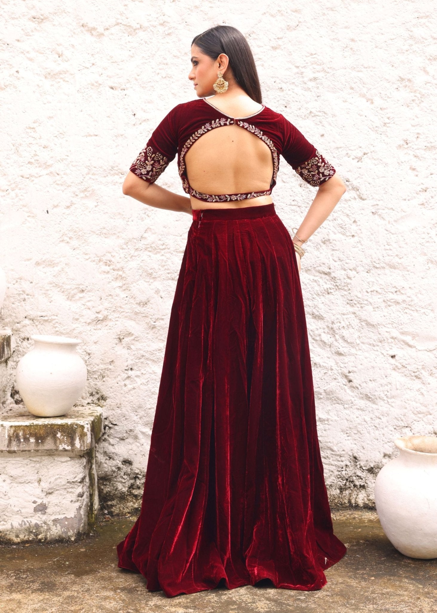 Maroon Velvet Lehenga with Hand Embroidered Top - Anvi Couture