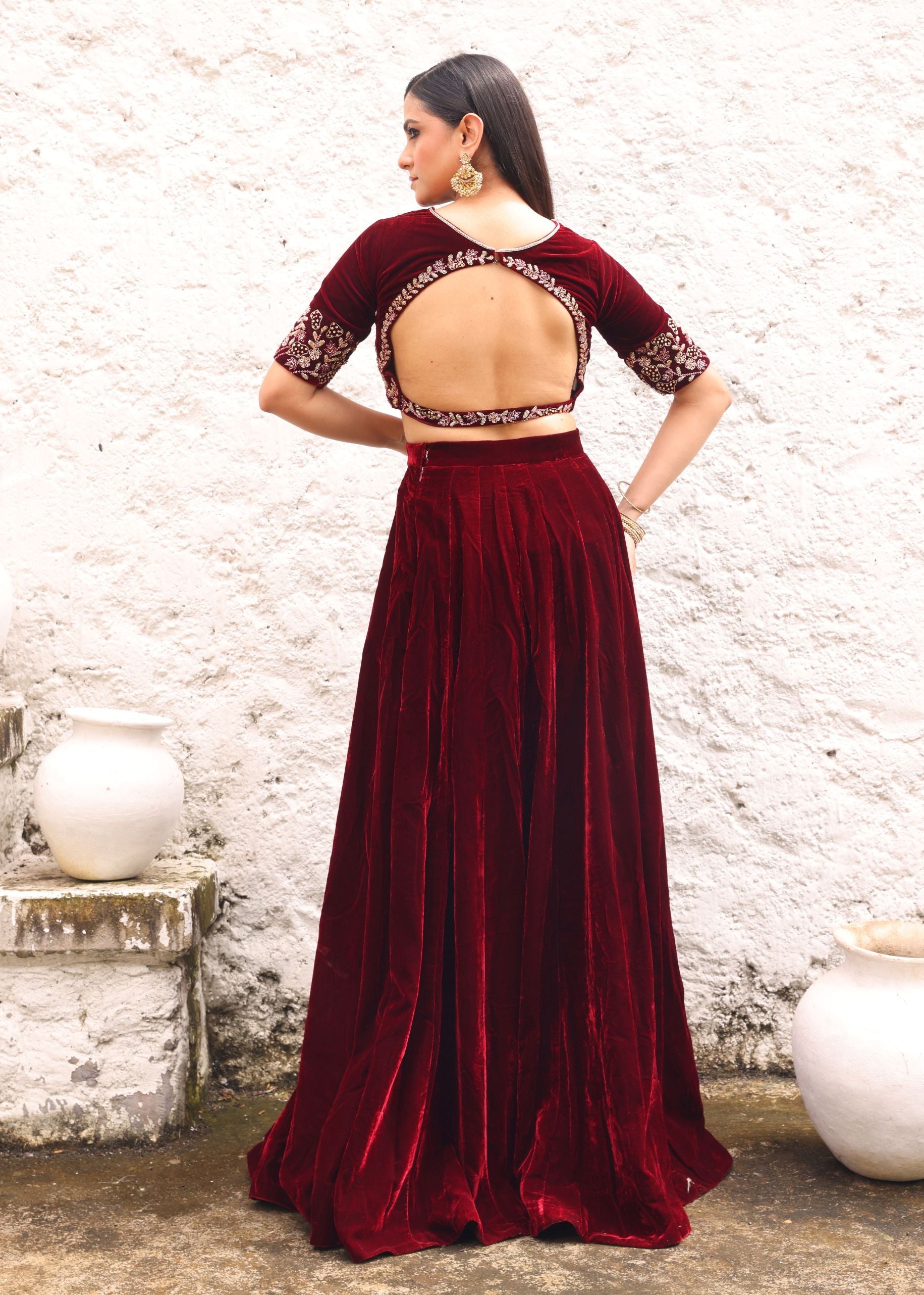 Maroon Velvet Lehenga with Hand Embroidered Top back